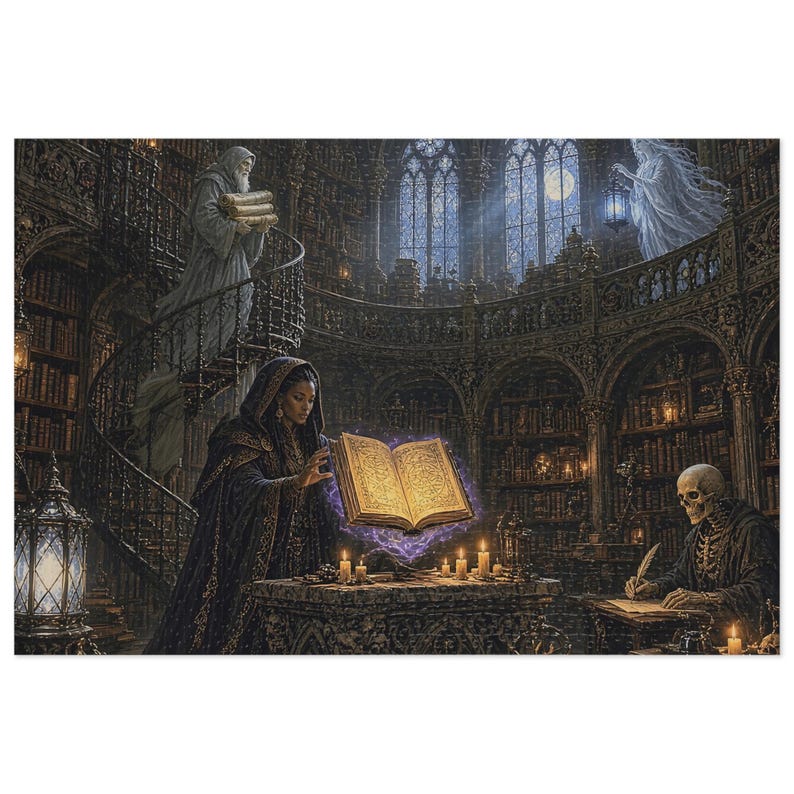 The Ossuary Library Gothic Fantasy Jigsaw Puzzle in Tin, 1000 or 500 Pieces, Gargoyles and Grimoires Dark Academia RPG Gift Bild 1