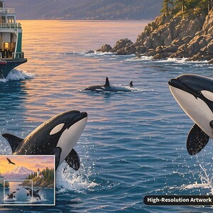 May include: A painting of two orcas breaching the water surface near a ferry boat and a rocky coastline. The scene features black and white orcas, a large passenger vessel, and a small inset image showing the full landscape with a mountain.