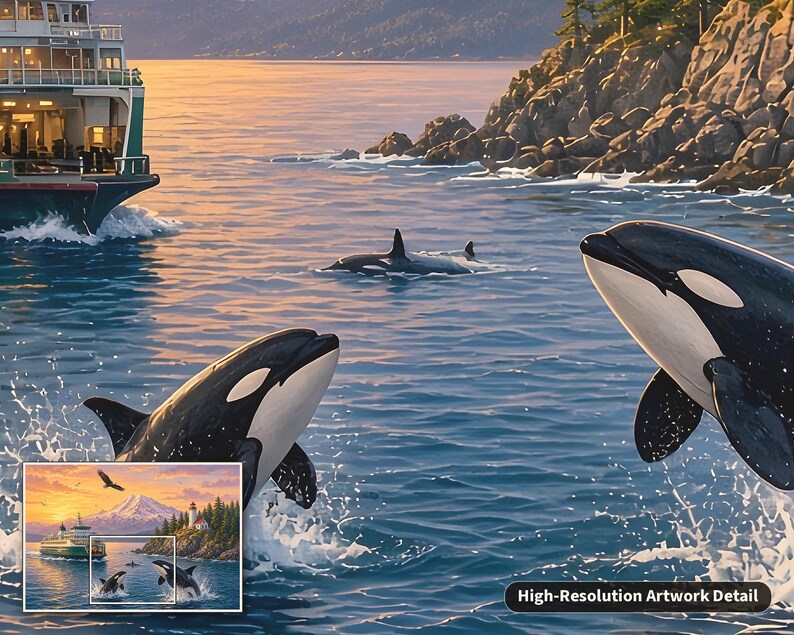 May include: A painting of two orcas breaching the water surface near a ferry boat and a rocky coastline. The scene features black and white orcas, a large passenger vessel, and a small inset image showing the full landscape with a mountain.