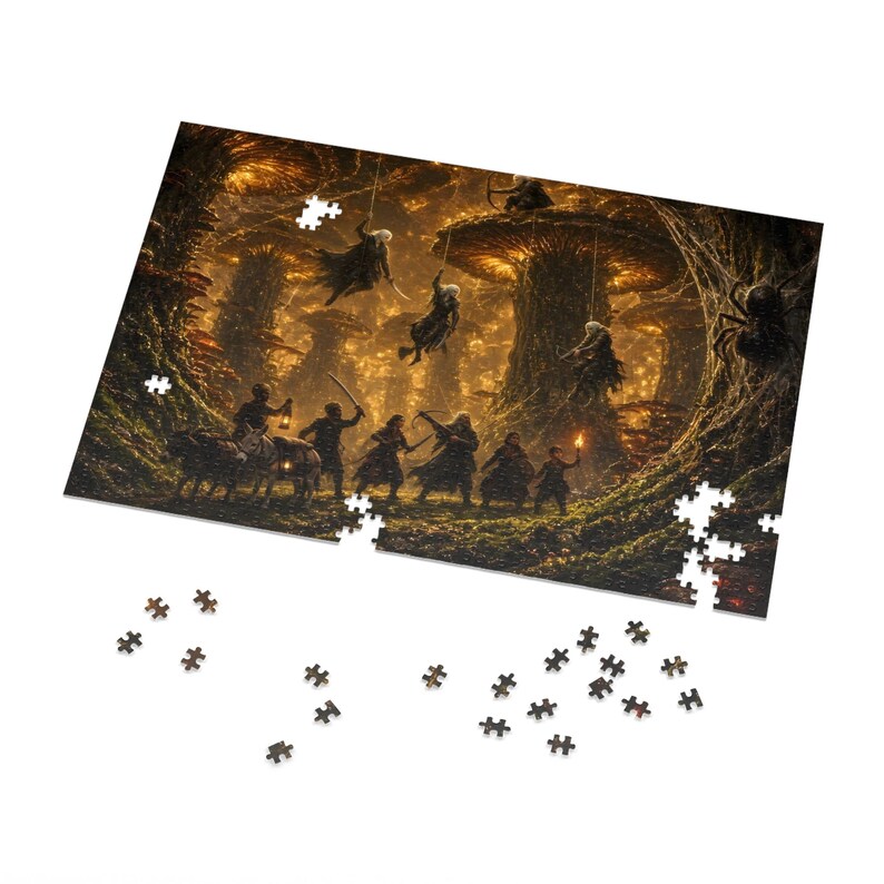 Dark Elf Ambush Fantasy Jigsaw Puzzle in Tin, 1000 or 500 Pieces, Giant Mushroom Forest Spider Puzzle Gift afbeelding 2