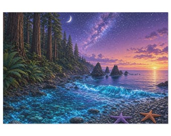 May include: A rectangular jigsaw puzzle featuring a coastal scene at night with a forest of tall trees, a rocky shoreline, and a glowing blue ocean. A crescent moon and the Milky Way fill the purple sky above a sunset horizon.