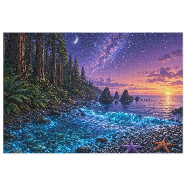 Moonlit Redwood Headland and Bioluminescent Cove Jigsaw Puzzle in Collectors Tin (500 and 1000 Piece) - Starry Coast Art - Redwood Roots image 1