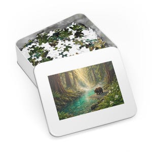 Misty Redwood River Bend and Black Bear Jigsaw Puzzle in Collectors Tin (500 and 1000 Piece) - Smith River Wildlife - Redwood Roots immagine 3