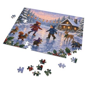 Cozy Cottage Seasons Ice Skating Pond Jigsaw Puzzle, Winter Woodland Friends, Tin Box (252 Pieces) image 2