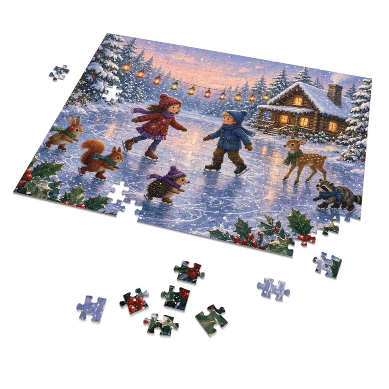 Cozy Cottage Seasons Ice Skating Pond Jigsaw Puzzle, Winter Woodland Friends, Tin Box (252 Pieces) image 2