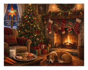 May include: A cozy holiday scene featuring a decorated Christmas tree, a fireplace with hanging stockings, a plaid armchair, a plate of cookies with a glass of milk, and a brown and white dog sleeping on a rug in front of the fire.