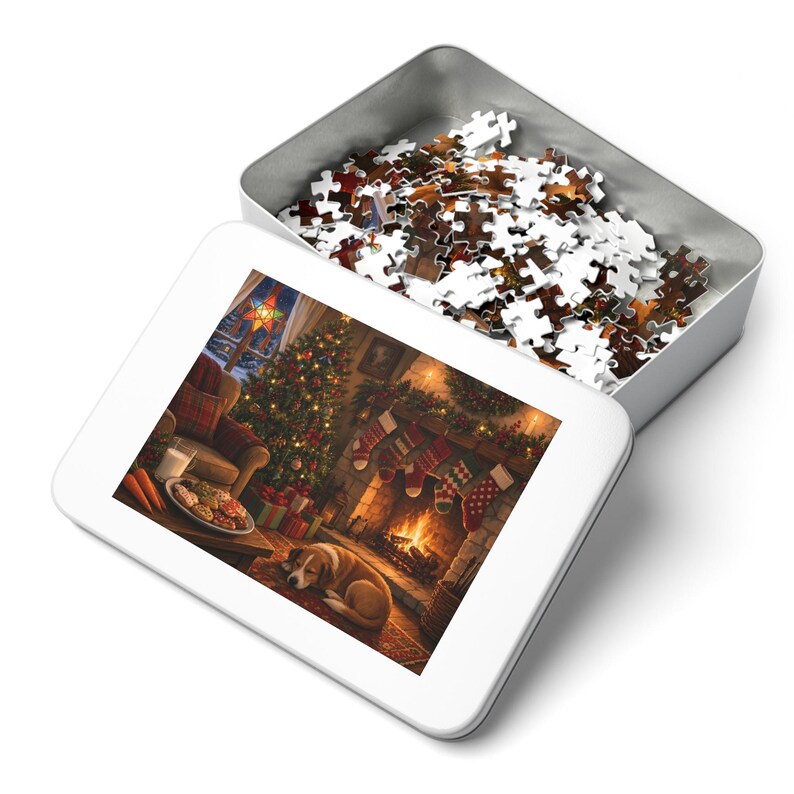 Rompecabezas de galletas navideñas con leche y galletas para Papá Noel, chimenea de Nochebuena, caja de hojalata (252 piezas) imagen 3