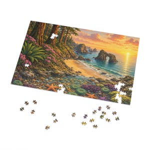 Redwood Secret Cove and Golden Sea Stacks Jigsaw Puzzle in Collectors Tin (500 and 1000 Piece) - Coastal Redwoods Beach - Redwood Roots image 2