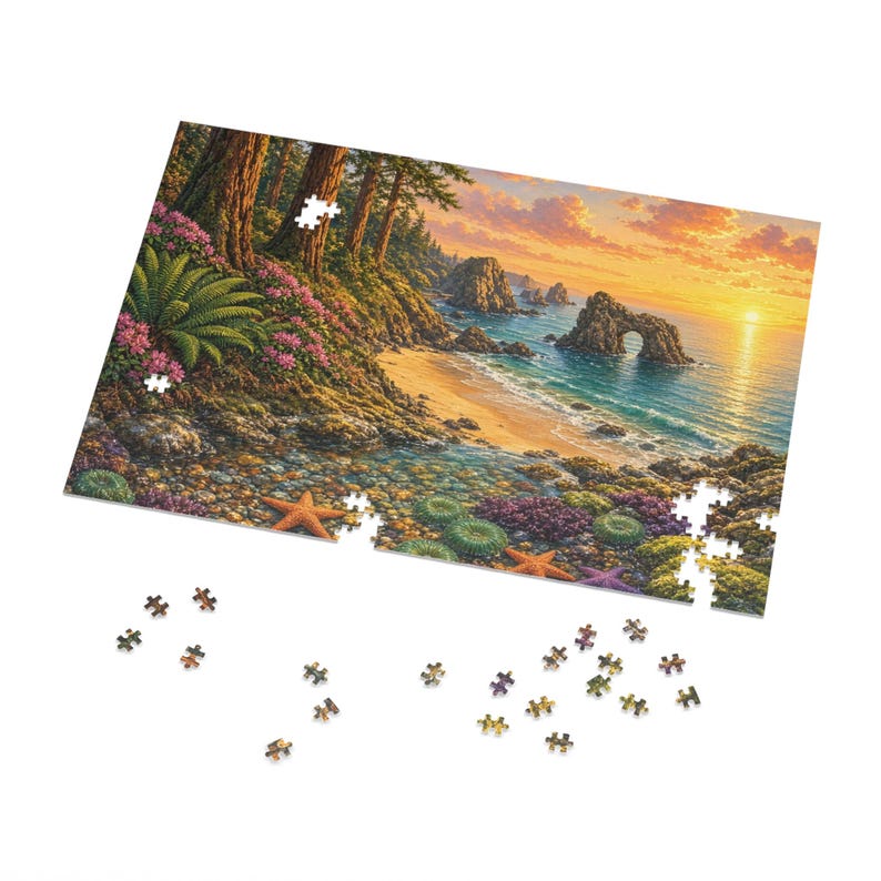 Redwood Secret Cove and Golden Sea Stacks Jigsaw Puzzle in Collectors Tin (500 and 1000 Piece) - Coastal Redwoods Beach - Redwood Roots image 2