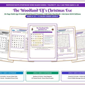 May include: A 36-page printable word search treasury titled The Woodland Elf's Christmas Eve, featuring three color-coded difficulty levels for ages 4-12. The set includes full-color storybook pages and ink-saver black and white editions.