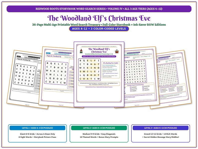 May include: A 36-page printable word search treasury titled The Woodland Elf's Christmas Eve, featuring three color-coded difficulty levels for ages 4-12. The set includes full-color storybook pages and ink-saver black and white editions.