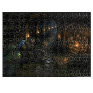 Druid Dungeon Fantasy Jigsaw Puzzle in Tin, 1000 or 500 Pieces, Wolf Companion Gnoll Lair Puzzle Gift image 4
