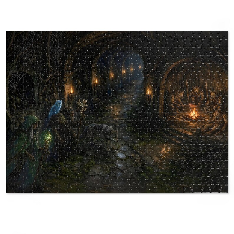 Druid Dungeon Fantasy Jigsaw Puzzle in Tin, 1000 or 500 Pieces, Wolf Companion Gnoll Lair Puzzle Gift image 4