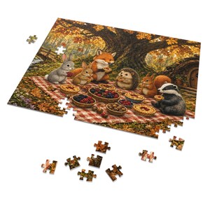 Woodland Hollow Autumn Picnic Jigsaw Puzzle, Forest Animals, Tin Box (252 or 110 Pieces) image 2