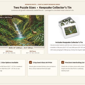 Pu&ograve; includere: Un puzzle raffigurante una cascata nella foresta e un alce, disponibile in 500 o 1000 pezzi. Il set include una scatola da collezione in metallo spazzolato con l'illustrazione. Dimensioni: 52,1 cm x 38,1 cm o 76,2 cm x 50,8 cm.