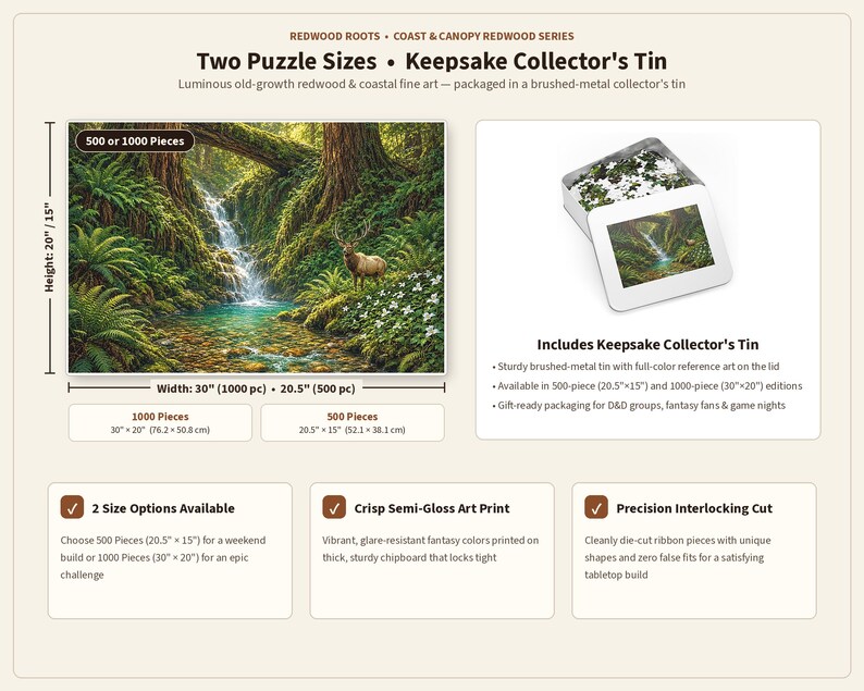 Pu&ograve; includere: Un puzzle raffigurante una cascata nella foresta e un alce, disponibile in 500 o 1000 pezzi. Il set include una scatola da collezione in metallo spazzolato con l'illustrazione. Dimensioni: 52,1 cm x 38,1 cm o 76,2 cm x 50,8 cm.