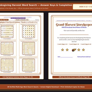 May include: A printable document set titled Cozy Thanksgiving Harvest Word Search featuring answer keys for puzzles 7-12 and a Grand Harvest Storykeeper official storybook word master certificate with star icons and a cornucopia graphic for children ages 4-12.