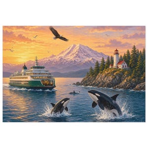 Puget Sound Sunset Ferry and Orca Whales Jigsaw Puzzle - 500 or 1000 Piece Mount Rainier Collector Tin Gift image 1