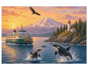 May include: A jigsaw puzzle illustration featuring a ferry boat on blue water, two orcas breaching the surface, a bald eagle flying above, and a lighthouse on a rocky, tree-lined shore with a snow-capped mountain in the background.