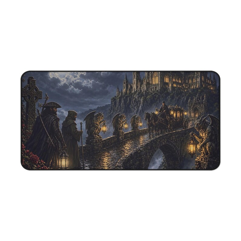 Gargoyle Bridge and Old Abbey Gothic Fantasy Desk Mat, Large Gaming Mouse Pad, 16x32 RPG Desk Pad, Gargoyles and Grimoires image 1