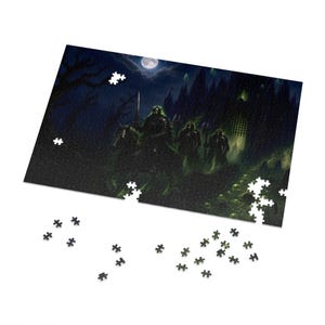 Moonlit Moat Fantasy Jigsaw Puzzle in Tin, 1000 or 500 Pieces, Undead Knight Gothic Castle Puzzle Gift image 2