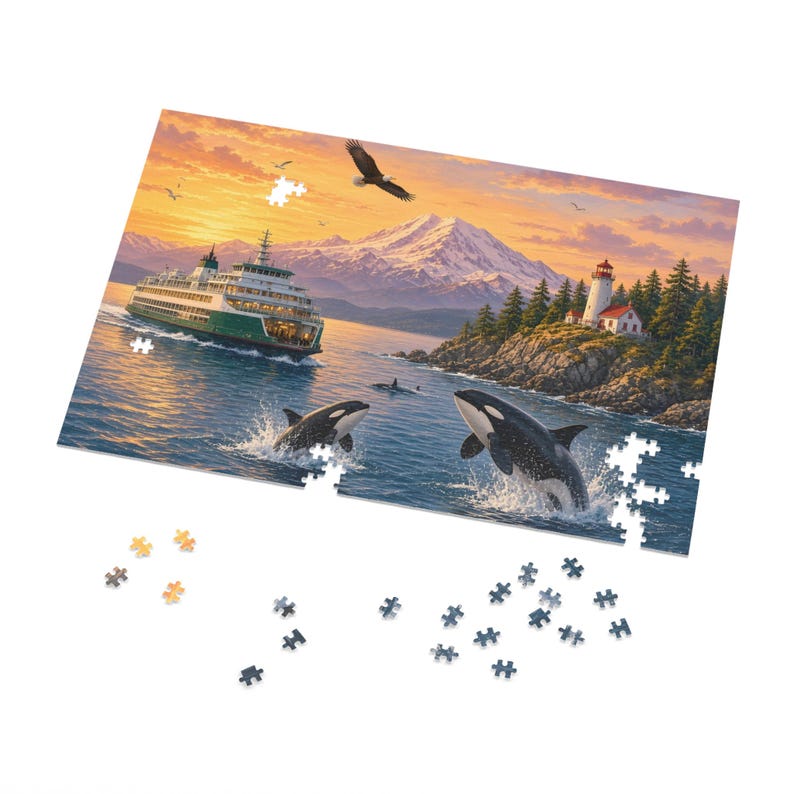Puget Sound Sunset Ferry and Orca Whales Jigsaw Puzzle - 500 or 1000 Piece Mount Rainier Collector Tin Gift image 2
