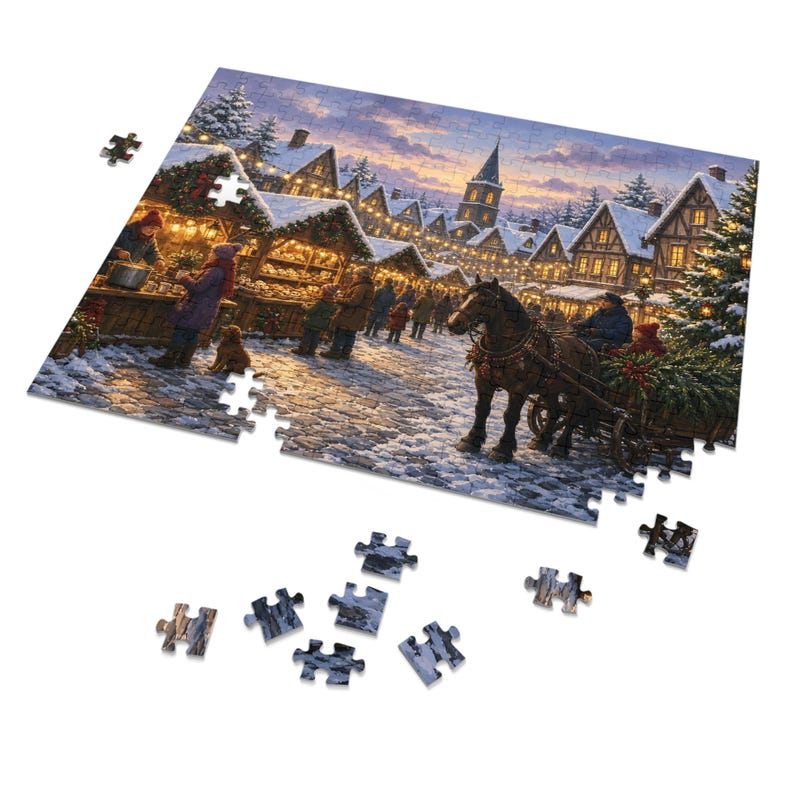 Rompecabezas "Pueblo del Mercado Navideño de Cozy Cottage Seasons", estilo tradicional, en caja de metal (252 piezas) imagen 2