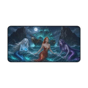 Puede incluir: Una alfombrilla de escritorio rectangular con una ilustración de fantasía de tres sirenas en un océano oscuro por la noche. Una tiene escamas azules y sostiene un orbe brillante, otra escamas rojas y otra escamas moradas. Un barco fantasma con una calavera aparece al fondo.