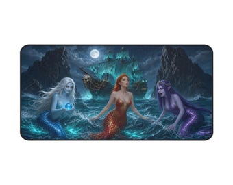 May include: A rectangular desk mat featuring a fantasy illustration of three mermaids in a dark ocean at night. One has blue scales and holds a glowing orb, one has red scales, and one has purple scales. A ghost ship with a skull sits in the background.