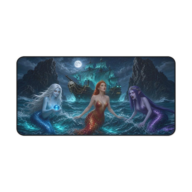 Tappetino da scrivania per giochi di ruolo: Galeone Fantasma e Sirene - 32x16 cm - Nave Fantasma Dark Fantasy e Sirene Malvagie - Redwood Roots immagine 1
