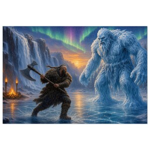 Frost Giant Clash Fantasy Jigsaw Puzzle in Tin, 1000 or 500 Pieces, Viking Berserker vs Ice Giant RPG Gift image 1