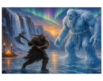 May include: A jigsaw puzzle illustration featuring a warrior in fur clothing holding a double-bladed axe, facing a large, translucent blue ice creature on a frozen lake. The background shows a waterfall, torches, and a vibrant aurora borealis.