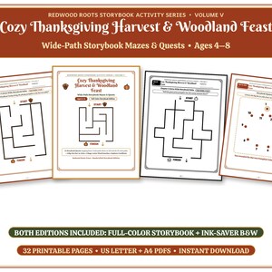 Printable Thanksgiving Maze Book for Kids Ages 4-8, Harvest Feast Wide-Path Mazes, 32 Page Activity Pack, Color + B&W PDF
