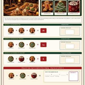 May include: A printable puzzle challenge sheet titled Mrs. Claus's Gingerbread Batch Cipher. It features three math equations using gingerbread men, frosted tree cookies, and peppermint cocoa mugs to solve for a final lock digit code.