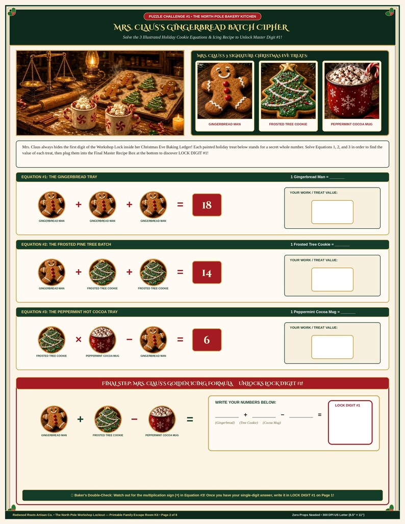 May include: A printable puzzle challenge sheet titled Mrs. Claus's Gingerbread Batch Cipher. It features three math equations using gingerbread men, frosted tree cookies, and peppermint cocoa mugs to solve for a final lock digit code.