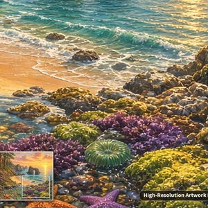 May include: A detailed coastal landscape painting featuring a sandy beach, turquoise ocean waves, and rocky tide pools filled with vibrant purple and green sea anemones. A purple starfish rests on the foreground rocks near the water's edge.