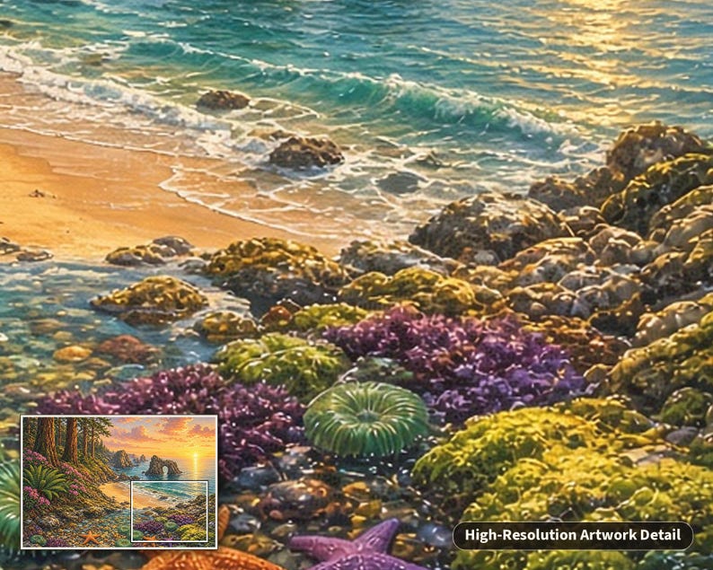 May include: A detailed coastal landscape painting featuring a sandy beach, turquoise ocean waves, and rocky tide pools filled with vibrant purple and green sea anemones. A purple starfish rests on the foreground rocks near the water's edge.