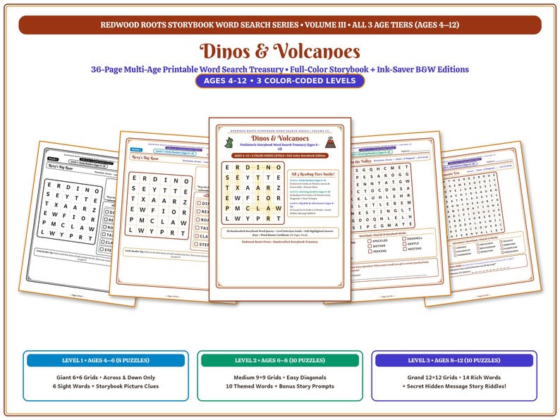 May include: A 36-page printable word search treasury titled Dinos & Volcanoes from the Redwood Roots Storybook Word Search Series. The collection features three colour-coded difficulty levels for ages 4-12, including storybook pages and word grids.