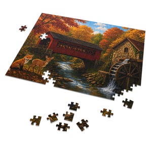 Cozy Cottage Seasons Autumn Bridge Jigsaw Puzzle, Covered Bridge Mill, Tin Box (252 Pieces) imagen 2