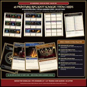 Pu&ograve; includere: Un set di 45 carte stampabili di bottino e oggetti magici RPG in formato PDF a 300 DPI. Include 36 oggetti illustrati, 9 carte vuote e una tabella di bottino GM. Le carte misurano 6,35 per 8,89 cm per bustine protettive standard.