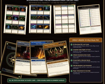 May include: A set of 45 printable RPG loot and magic item cards in a 300 DPI PDF format. Includes 36 illustrated items, 9 blank homebrew cards, and a GM loot table. Cards are 2.5 by 3.5 inches, designed for standard trading card sleeves.