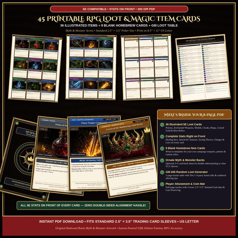 Pu&ograve; includere: Un set di 45 carte stampabili di bottino e oggetti magici RPG in formato PDF a 300 DPI. Include 36 oggetti illustrati, 9 carte vuote e una tabella di bottino GM. Le carte misurano 6,35 per 8,89 cm per bustine protettive standard.