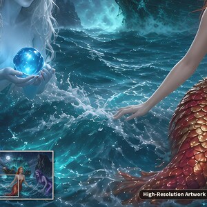 May include: A digital illustration featuring two mermaids in turbulent ocean water. One mermaid has a blue tail and holds a glowing blue orb, while the other has a red and gold scaled tail. The scene includes splashing waves and dark rocky cliffs.