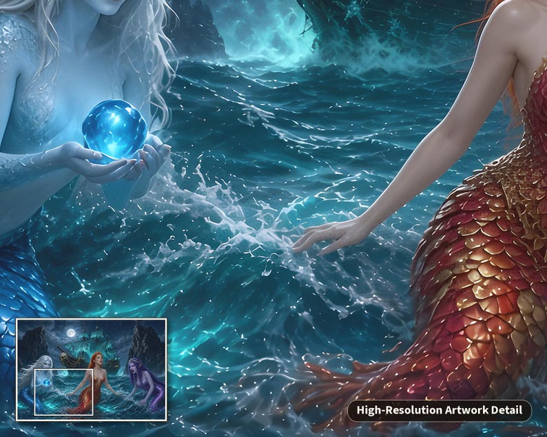 May include: A digital illustration featuring two mermaids in turbulent ocean water. One mermaid has a blue tail and holds a glowing blue orb, while the other has a red and gold scaled tail. The scene includes splashing waves and dark rocky cliffs.