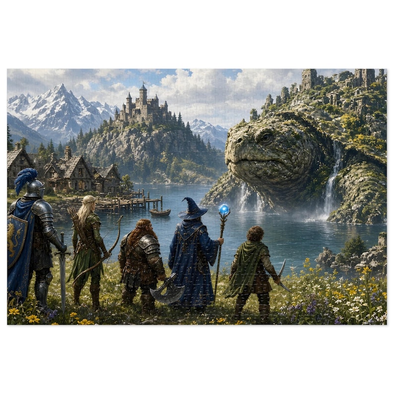 Rompecabezas gigante de fantasía con forma de tortuga en lata, 1000 o 500 piezas, regalo de rompecabezas de aventuras de mitos y monstruos imagen 1