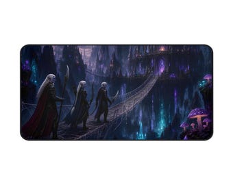 Fantasy-Schreibtischunterlage „Dunkle Elfenstadt“, großes Gaming-Mauspad, 40 x 80 cm große RPG-Schreibtischunterlage, Geschenk für Tabletop-Spieler