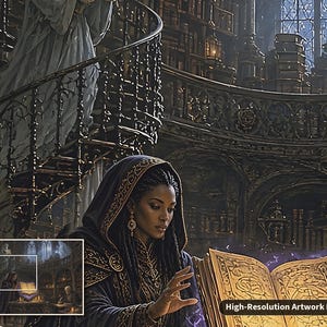 K&ouml;nnte beinhalten: Eine digitale Illustration einer Person mit dunkler Haut und geflochtenem Haar, die einen dunklen Kapuzenumhang mit Goldstickerei tr&auml;gt und in einem leuchtenden, aufgeschlagenen Buch liest. Im Hintergrund sind eine Wendeltreppe und eine Bibliothek zu sehen.