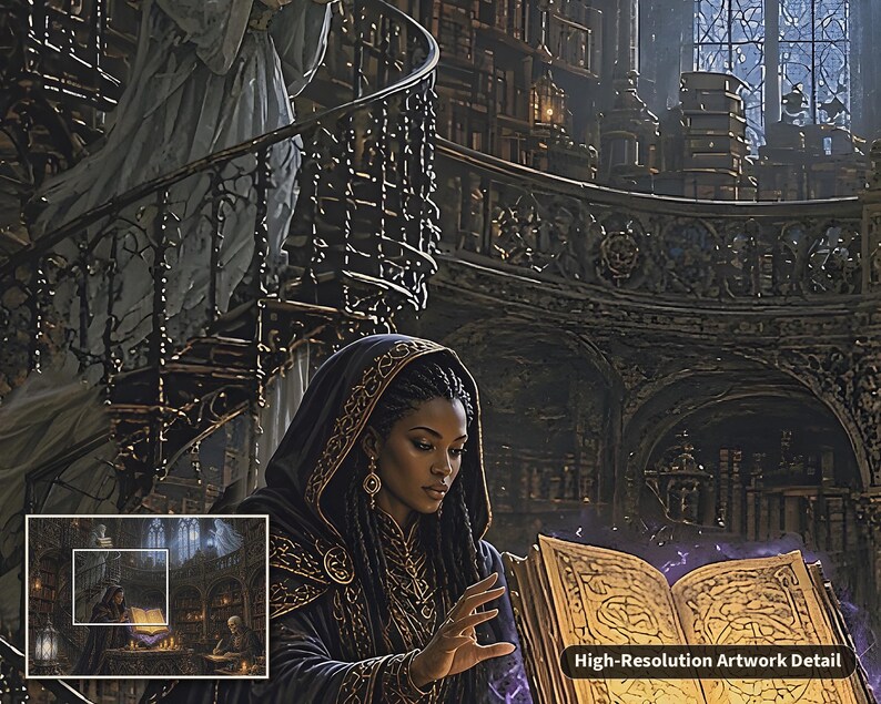 K&ouml;nnte beinhalten: Eine digitale Illustration einer Person mit dunkler Haut und geflochtenem Haar, die einen dunklen Kapuzenumhang mit Goldstickerei tr&auml;gt und in einem leuchtenden, aufgeschlagenen Buch liest. Im Hintergrund sind eine Wendeltreppe und eine Bibliothek zu sehen.