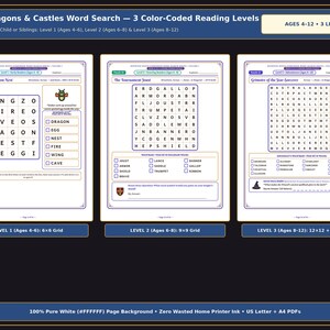 May include: Little Dragons & Castles Word Search with 3 color-coded reading levels for ages 4-12. Includes three printable activity sheets featuring a 6x6 grid, 9x9 grid, and 12x12 grid with a riddle, all on a pure white background.