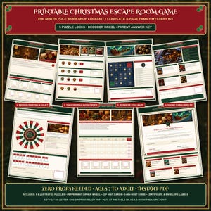 Könnte beinhalten: Ein druckbares Weihnachts-Escape-Room-Spiel mit dem Titel The North Pole Workshop Lockout, bestehend aus einem 8-seitigen Familien-Mystery-Set mit 5 Rätselschlössern, einem Decoder-Rad und einem Lösungsschlüssel für Eltern.